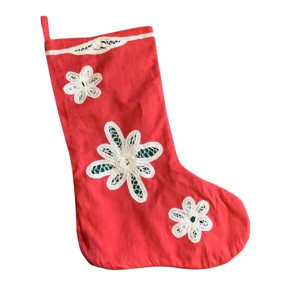 Vtg Merry Christmas Stocking White Battenberg Lace Flowers 100% Cotton 18" - Picture 1 of 5